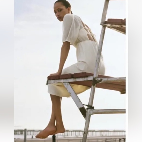 Zara Puff Sleeve Cream Color Chiffon/ Sheer Top Knit Midi Dress size M - Picture 2 of 9